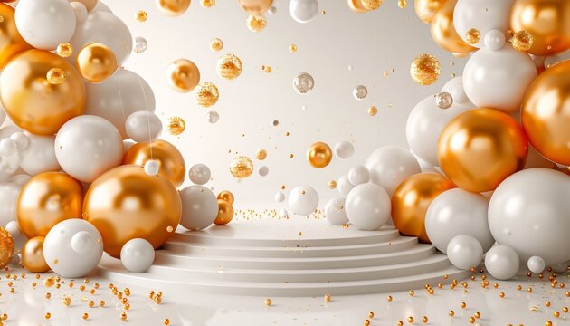 Gold podium with balloons and gifts marks special events.