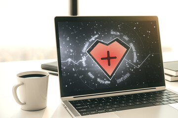 Poster - Creative abstract heart rate sketch on modern laptop monitor, Medicine and healthcare concept. 3D Rendering