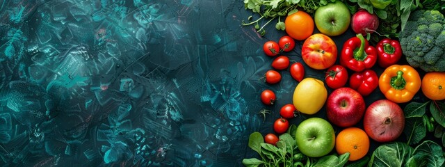 Wall Mural -  A vibrant arrangement of assorted fruits and veggies against a blue-green backdrop, allowing room for text or an accompanying image