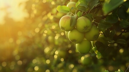 Poster - Apple orchard with an unripe harvest of green apples apple orchard with a harvest of apple fruits in the summer : Generative AI