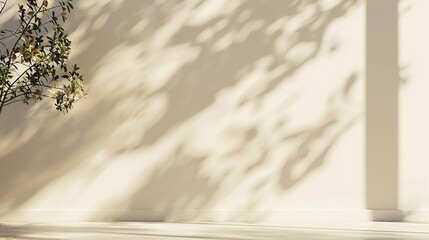Poster - Minimalistic abstract gentle light beige background for product presentation with light andand intricate shadow from the window and vegetation on wall : Generative AI
