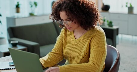 Aufkleber - Morning, glasses and woman with laptop, home and happy for remote work, typing and smile for email. Virtual assistant, online and employee with eyewear for vision, girl and schedule with research