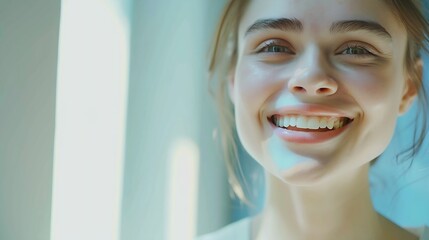 Wall Mural - Teeth smile and portrait of woman with beauty at dentist for dental hygiene and oral healthcare Studio background and girl with healthy tooth cleaning for medical dentistry with happin : Generative AI