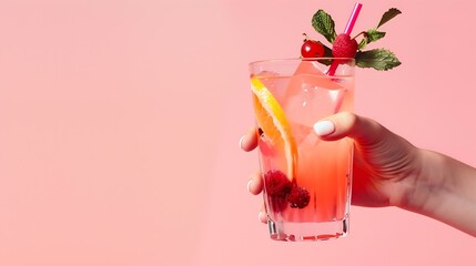 Poster - Human hand holding sweet and sour fruity cocktail with berries against pink background Concept of alcohol and nonalcohol drink party holidays bar mix Poster Copy space for ad : Generative AI