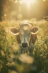 Wall Mural - Grazing Milk Cow in Lush Meadow Bathed in Dappled Sunlight and Cinematic Bokeh