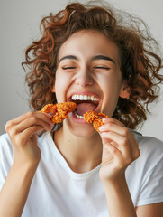 Wall Mural - Portrait of a red curly-haired woman happily eating fried chicken on a white background