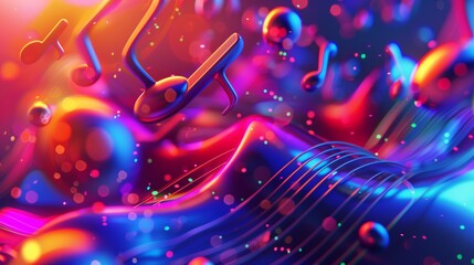 Poster - A vibrant 3D music backdrop with dynamic shapes and pulsating sound waves, creating an immersive experience.