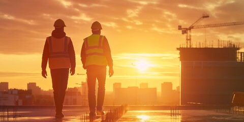 Two construction workers in safety gear walking at a construction site during twilight, with a city skyline background, symbolizing teamwork, hard work, and dedication.