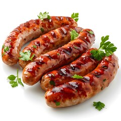 Wall Mural - Grilled sausages with parsley on white background