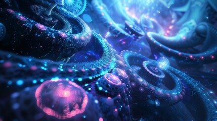Poster - A futuristic 3D abstract background with intricate patterns and radiant elements, creating a stunning experience.