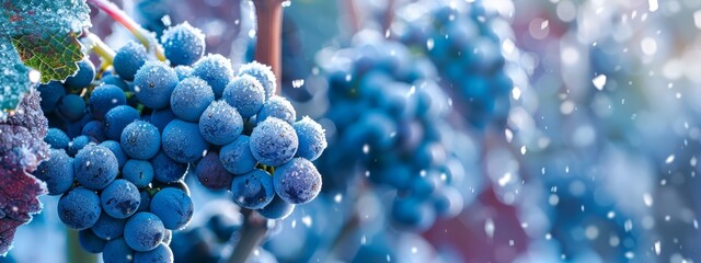 Wall Mural -  A tight shot of ripe grapes bunched on a vine, with dewdrops glistening atop