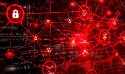 Poster - Cybersecurity Network  with Red Lines and Symbols