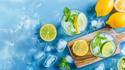 Poster - Two glasses of mojito cocktail or tonic with lemon lime mint and ice on a wooden board Summer concept of refreshing drink with citrus fruits on a blue background Top view and copy spac : Generative AI