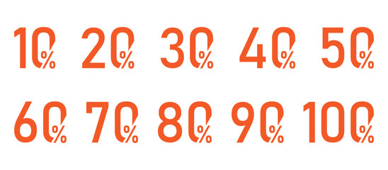 percentage number set. shopping discount numbers with 10, 20, 30, 40, 50, 60, 70, 80, 90, 100 percent off. vector symbol on transparent background.