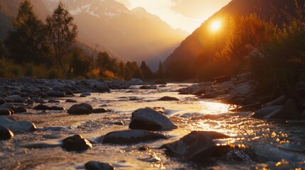 Poster - Sunset over a mountain river with the last rays of the sun touching the water, creating an atmosphere of tranquility. Soft natural lighting,