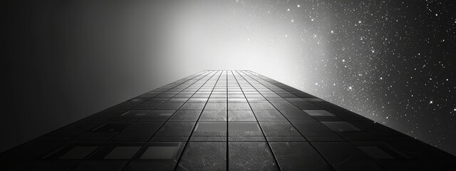 Wall Mural -  A monochrome image of a towering structure with a beacon-like light at its pinnacle against a backdrop of twinkling stars