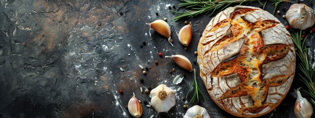 Poster -  A slice of bread atop a table, adjacent to garlic and other foods thereon