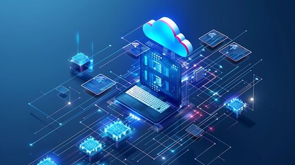 Fototapete - Exchange information and data with internet cloud technologyFTPFile Transfer Protocol files receiver and computer backup copy File sharing isometric Digital system for transferring doc : Generative AI