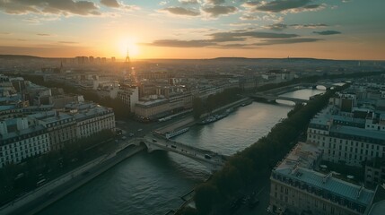 Poster - Paris aerial panorama with river Seine and Eiffel tower France Romantic summer holidays vacation destination Panoramic view above historical Parisian buildings and landmarks with sunse : Generative AI