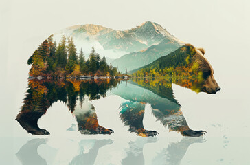 Wall Mural - A bear made of water reflections and double exposure photography. A forest in the background is reflected on its body, and mountains appear above its head. 