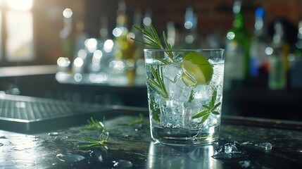 Poster - Gin tonic and rosemary cocktail drink with lime juice sugar syrup soda and ice Black bar counter background : Generative AI