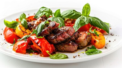 Wall Mural - Grilled vegetables, tender meat, and basil leaves beautifully presented on a plate, isolated against a pristine white background.
