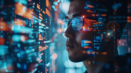 The power of digital technology with a focus on a software engineer utilizing a computer with lines of code, data analysis, and AI algorithms to improve business operations