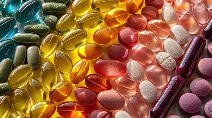 Wall Mural - Oil-filled soft gel capsules arranged neatly, emphasizing dietary supplements and healthcare product benefits.