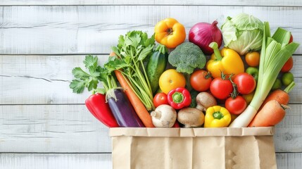 Wall Mural - Paper bag filled with colorful vegetables and fruits on a white wooden background, ideal for natural food choices.
