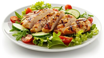 Wall Mural - Plate of grilled chicken breast with mixed salad greens and vegetables, isolated on white for gourmet culinary visuals.