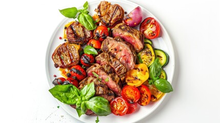 Wall Mural - Plate with appetizing grilled vegetables, juicy meat cuts, and basil garnish, isolated on white for culinary photography.