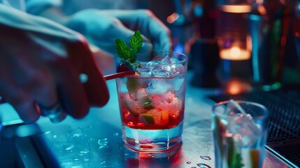 Poster - Mixologist preparing alcoholic drink in the glass at home Female bartender hand making cocktail Barman cooking fresh cold beverage with spoon in a glass with ice : Generative AI