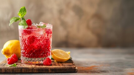 Aufkleber - Raspberry cocktail with ice in a glass on a wooden cutting board A refreshing berry drink with mint and lemon on a light background : Generative AI