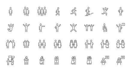 People in action line icon set. Man running, woman friends, communication, partnership, jumping person, cooperation minimal vector illustrations. Simple outline signs for human figure. Editable Stroke