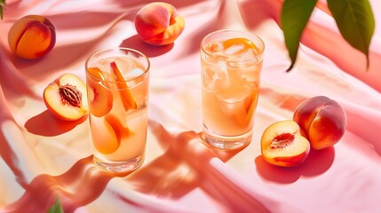 Poster - Two glasses with refreshing iced peach juice or fruit alcohol cocktail drink vase with peaches and apricots on vibrant pink table background with abstract floral sunlight shadows luxur : Generative AI