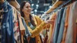 © The Little Hut - Retail store woman and choose clothes with smile on sale promotion and discount in boutique Mall female person or customer in San Francisco for shopping outfit search and quality assur : Generative AI