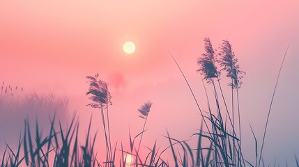 Poster - Sunrise over foggy lake Reeds in the foreground on the lake coast  Sun is rising on the further river bank : Generative AI
