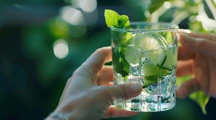 hands hold glasses with a clear liquid possibly water or a cocktail garnished with lime and mint leaves : Generative AI