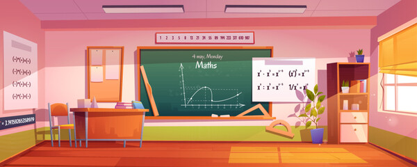 Math classroom interior with furniture and equipment. Vector cartoon illustration of large school, college or university room with formulae on blackboard, geometry figures on desk, sunlight in window