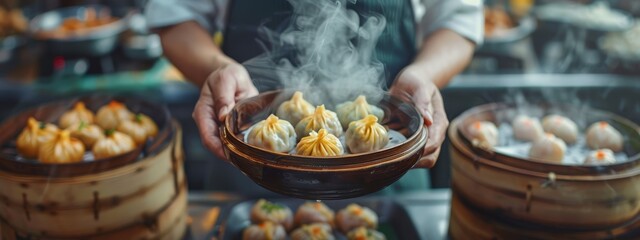 Wall Mural -  A person holds a plate piled high with dumplings, one steaming and emitting wisps of smoke