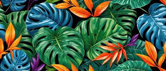 Wall Mural - A vibrant pattern with colorful tropical leaves against a dark background. Perfect for nature-inspired designs, backgrounds, and wallpapers.