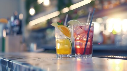 Poster - Cocktail drinks served in glasses with drinking straws on top counter bar : Generative AI
