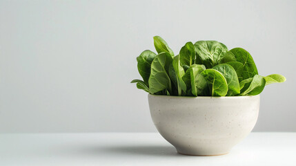 Fresh green spinach leaves in an elegant white bowl against a minimalist white background. Perfect for healthy lifestyle concepts.