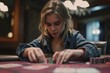 © Iftikhar alam - A woman with a mysterious expression engaging in a game of poker, A woman with a mysterious expression playing with a deck of cards at a poker table