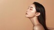 © The Little Hut - Young Asian beauty woman model long hair with korean makeup style on face and perfect skin on isolated beige background Facial treatment Cosmetology Spa Aesthetic plastic surgery : Generative AI