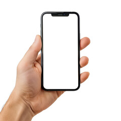 Hand holding a mobile phone vertically cutout on transparent background