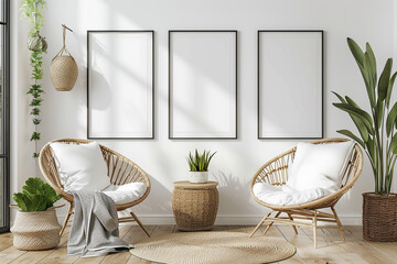Frame mockup in modern interior room, living room gallery wall mockup, poster mockup, 3d render.