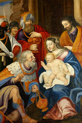 Wall Mural - Christmas Nativity Scene with Virgin Mary, Saint FJoseph, and Jesus Christ baby. Crèche de Noël avec la Vierge Marie, Saint Joseph et l'enfant Jésus-Christ.