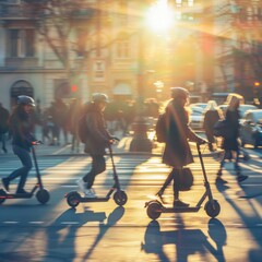 Electric scooters being used by commuters in a busy city. Bright morning light. Urban street background 