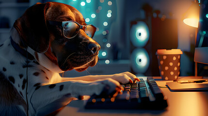 work like a dog, a dog with glasses works in front of computer in the office late at night, feeling exhausted and miserable